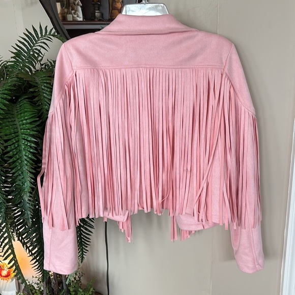 NWOT Pink Fringe Jacket Faux Suede Cropped Western Moto Tassel Cowgirl Pastel - Picture 8 of 14